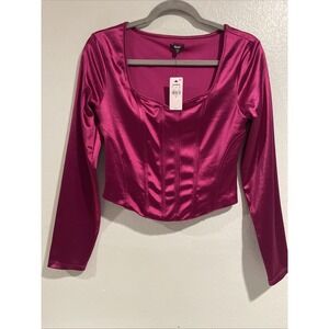 NWT Express Body Contour Corset Long Sleeve Satin Magenta Pink Top Fitted Crop M